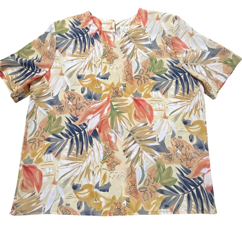 Vintage Cathy Che Womens Tropical Palm Leaf Blouse Short Sleeve Yellow Orange XL